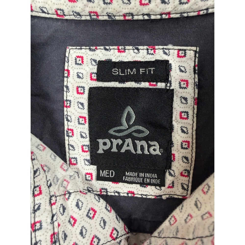 Prana Mens Slim Fit Short Sleeve Button Down Shirt White Geometric Print Medium - Picture 3 of 6